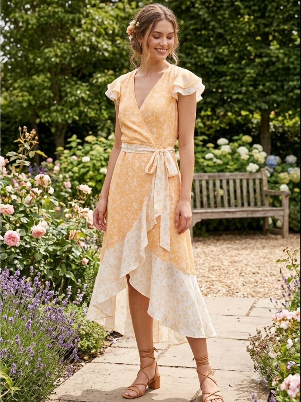Vince Camuto Light Yellow Floral Wrap Maxi  Dress with Belt